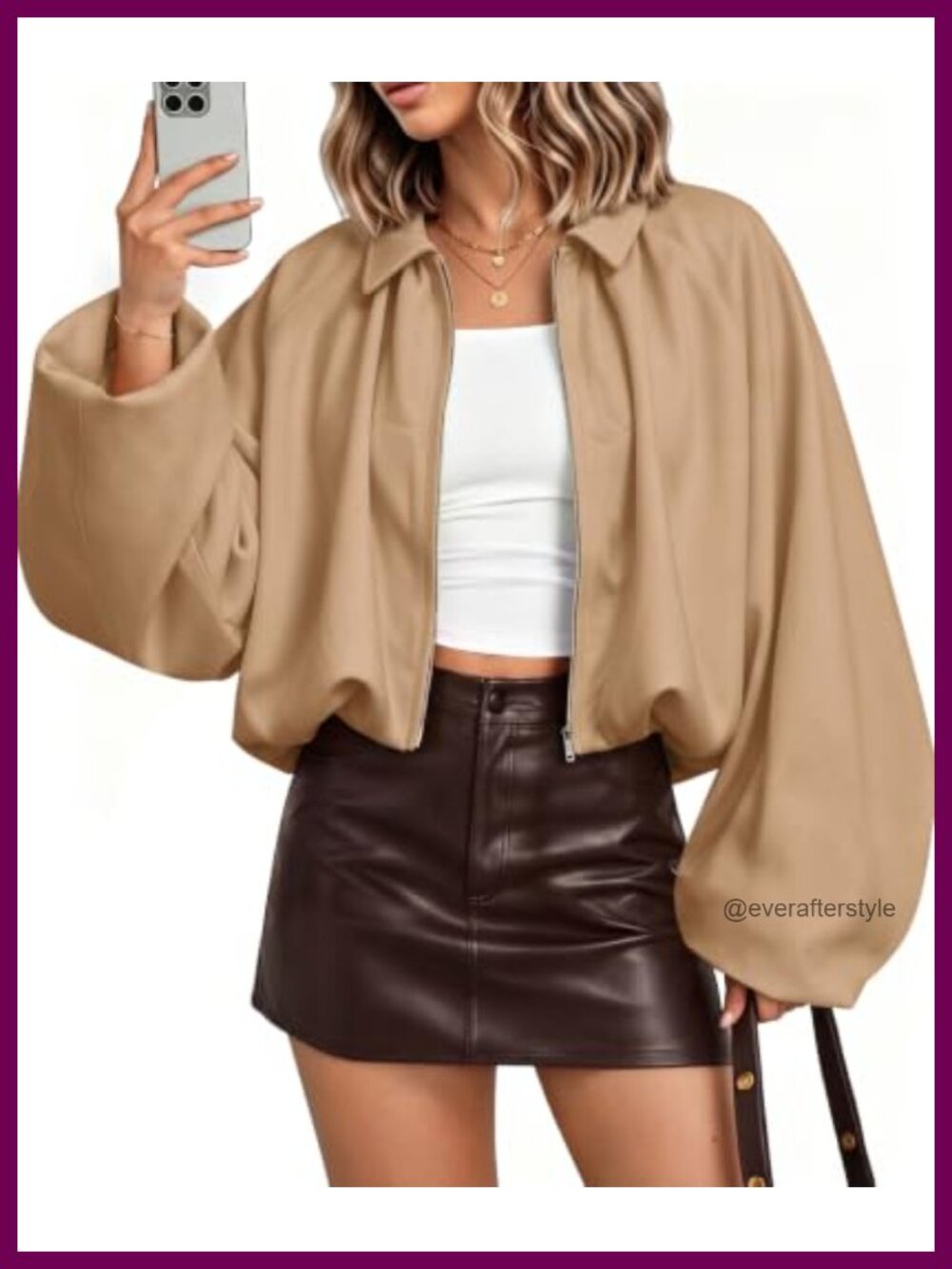 Womens Oversized Bomber Jacket Pleated Cropped Puff Sleeve Zip Up Coat
